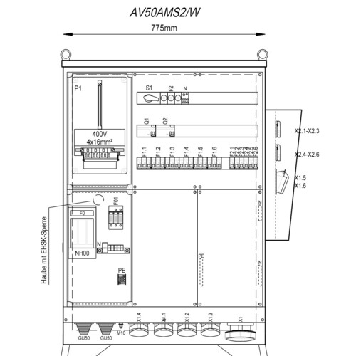 AV50AMS2/W Mehler Baustromverteiler B775xH1090xT300mm 6 Schuko,2 CEE 16A,4  Produktbild Front View L