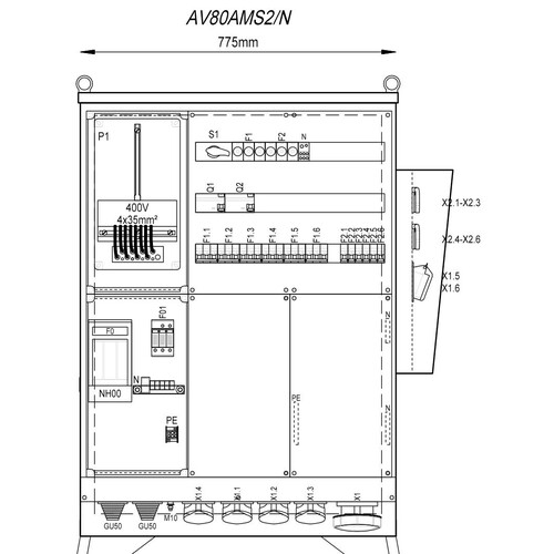 AV80AMS2/N Mehler Baustromverteiler B775xH1090xT300mm 6 Schuko,2 CEE 16A,4  Produktbild Front View L