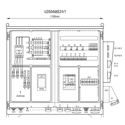 V250AMS3/V1 Mehler Baustromverteiler B1195xH1090xT300mm 6 Schuko,2 CEE 16A,4 Produktbild Front View L