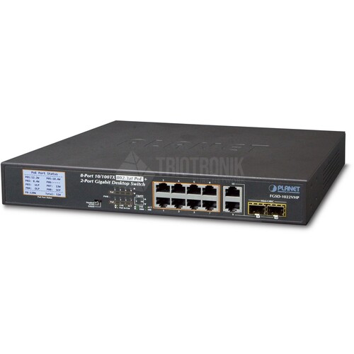 FGSD-1022VHP Planet 8 Port 10/100TX 802.3at PoE + 2 Port Gigabit TP/SFP Produktbild Front View L