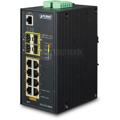 IGS-5225-8P4S Planet IP30 Industrial L2+/L4 8 Port 1000T 802.3at PoE+ 4-port Produktbild Front View L