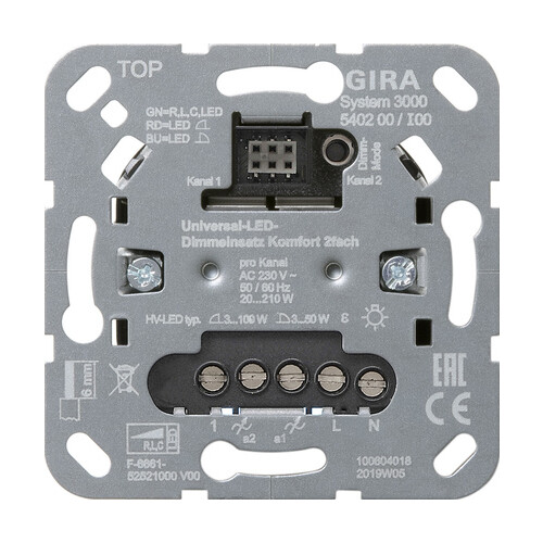 540200 Gira S3000 Uni LED Dimmeins. Komfort 2f Einsatz Produktbild Front View L