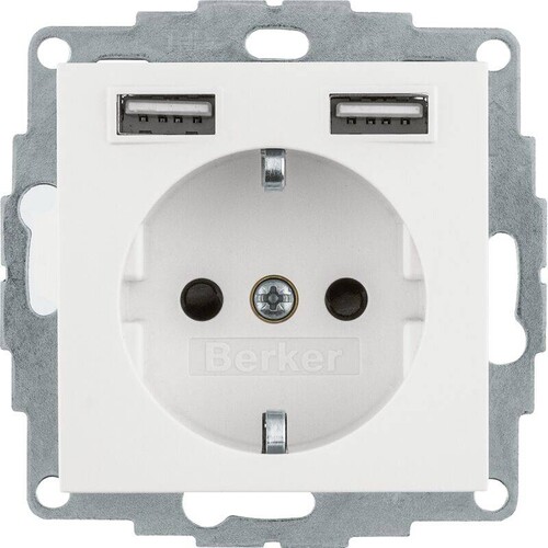 48038989 Berker S1 Schuko-Steckdose mit 2fach USB 4A polarweiß glänzend Produktbild Front View L