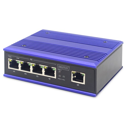 DN-650107 Digitus Industrieller 4 Port Fast Ethernet PoE Switch + 1 Uplink Port Produktbild Front View L