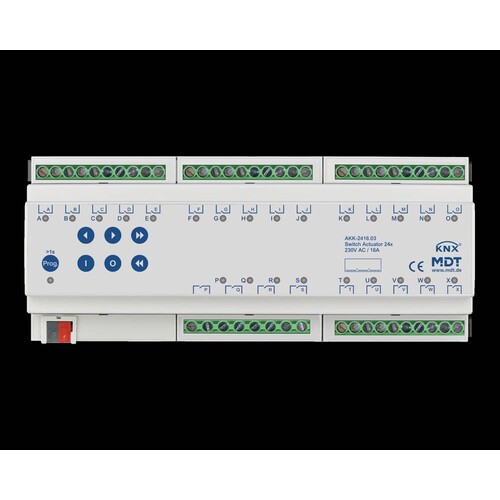 AKK-2416.03 MDT Schaltaktor 24 fach, 12TE, REG, 16A, 230VAC, Kompakt, 70µF,  Produktbild Front View L