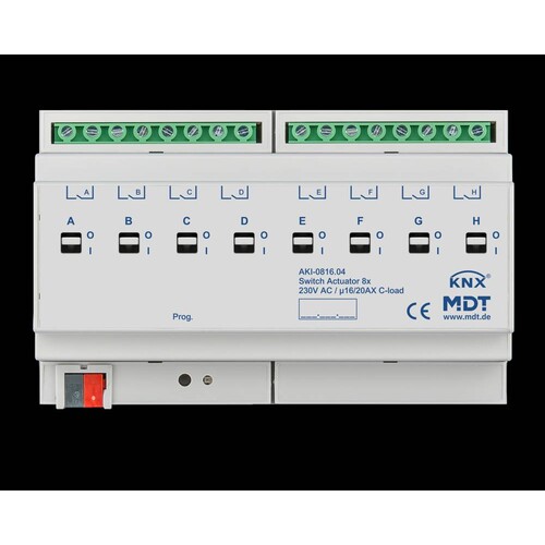 AKI-0816.04 MDT Schaltaktor 8 fach, 8TE, REG, 16/20A, 230VAC, C Last, Industrie, Produktbild Front View L