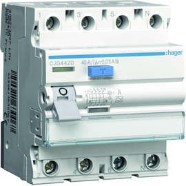 CJG442D HAGER FI-Schutzschalter 40A 4P 0,03A 6kA Typ G/A + Prüfkreis L1 - N Produktbild front M