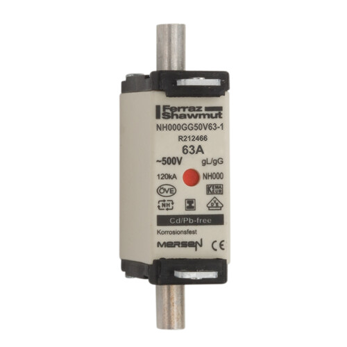 NH000GG50V63-1 MERSEN NH-Sicherung gG Gr.000 500VAC/250VDC 63A spgfrei DKM Produktbild Front View L