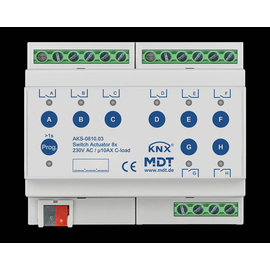 AKS-0810.03 MDT Schaltaktor 8 fach, 6TE, REG, 10A, 230VAC, C Last, Standard, 140 Produktbild