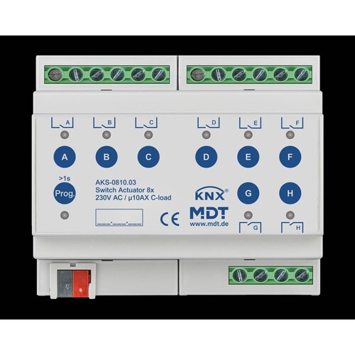 AKS-0810.03 MDT Schaltaktor 8 fach, 6TE, REG, 10A, 230VAC, C Last, Standard, 140 Produktbild Front View L