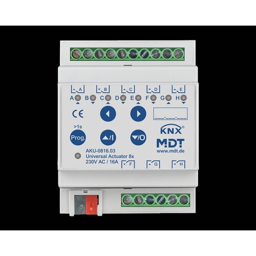 AKU-0816.03 MDT Universalaktor 8 fach, 4TE, REG, 16A, 230VAC, 100µF, 15EVG Produktbild Front View L