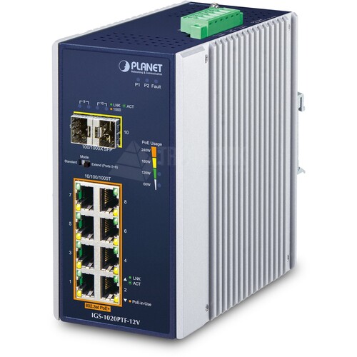 IGS-1020PTF-12V Planet IP30 Industrial 8 Port 10/100/1000T 802.3at PoE + 2 Port  Produktbild Front View L