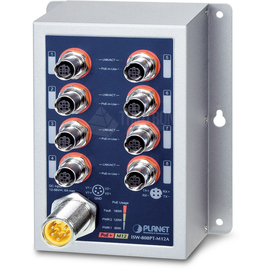 ISW-808PT-M12A Planet Industrial 8 Port 10/100TX M12 802.3at PoE+ Switch Produktbild front M