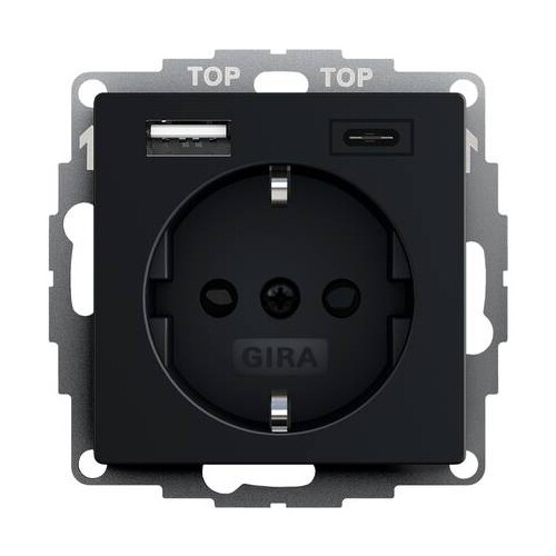 2459005 Gira Schuko-Steckdose m. Shutter + USB 2fach Typ A& Typ C Schwarz Produktbild Front View L