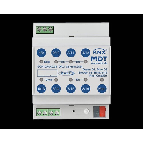 SCN-DA642.04 MDT DALI Control 2x64 Gateway, 4TE, REG Produktbild Front View L