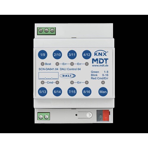 SCN-DA641.04 MDT DALI Control 64 Gateway, 4TE, REG Produktbild Front View L