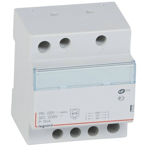 413095 Legrand Sicherheitstransformator, Prim. 230V/50 Hz, Sek.12V AC oder 24V A Produktbild