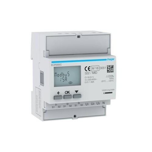 ECR300C Hager Energiezähler 3ph, indirekt, MODBUS, MID Produktbild Front View L