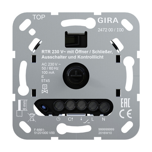 247200 Gira Raumtemperaturregler Einsatz Kontrolllicht Öffner/Schließer 230V Produktbild Front View L