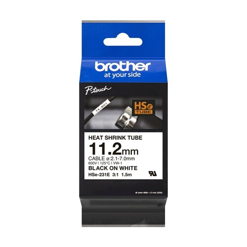 HSe231E Brother Pro-Tapes Schrumpf- schlauch 11,2 mm 1,5 m schwarz auf weiß Produktbild Front View L