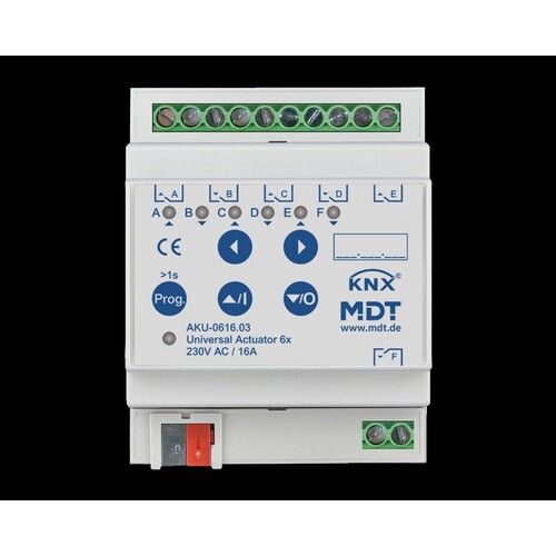 AKU-0616.03 MDT Universalaktor 6- fach, 4TE, REG, 16 A, 230 V AC, 100 µF, 15 EVG Produktbild Front View L