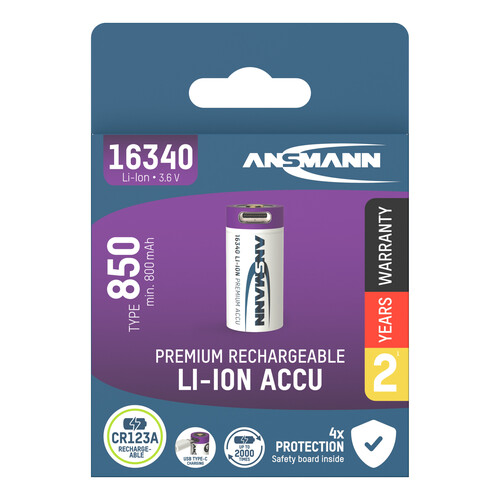 1300-0015 Ansmann Li-Ion Akku 16340 3,6V RCR123 850 mAh mit USB Typ-C Ladebuchse Produktbild