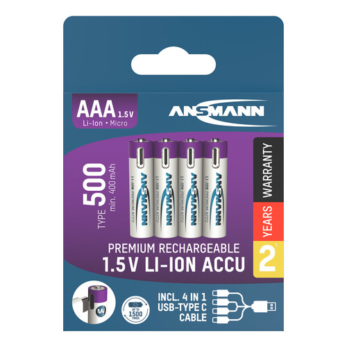 1311-0028 Ansmann Li-Ion Akkus Micro AAA 1,5V 500 mAh 4er-Bli. m.USB-C Ladebuchse Produktbild