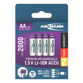 1312-0036 Ansmann Li-Ion Akkus Mignon AA 1,5V 2000mAh 4er-Bli. m.USB-C Ladebuchse Produktbild