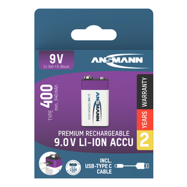 1315-0005 Ansmann Li-Ion Akku 9V E-Block 9V 400mAh 1er-Bli. m. USB-C Ladebuchse Produktbild