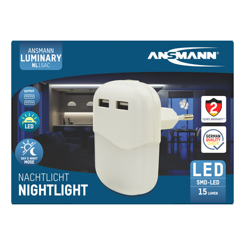 1600-0407 Ansmann Steckdosennachtlicht NL15AC + 2USB, LED, m. Dämmerungssensor Produktbild