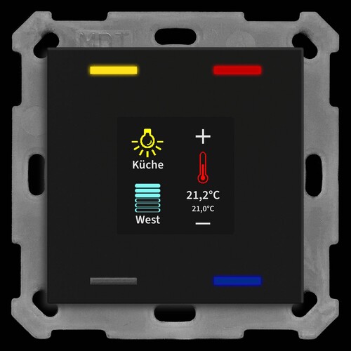 BE-TAS55T406.01 MDT KNX Taster Smart 55 4-fach mit Farbdisplay und T-/F-Sensor, Produktbild Front View L