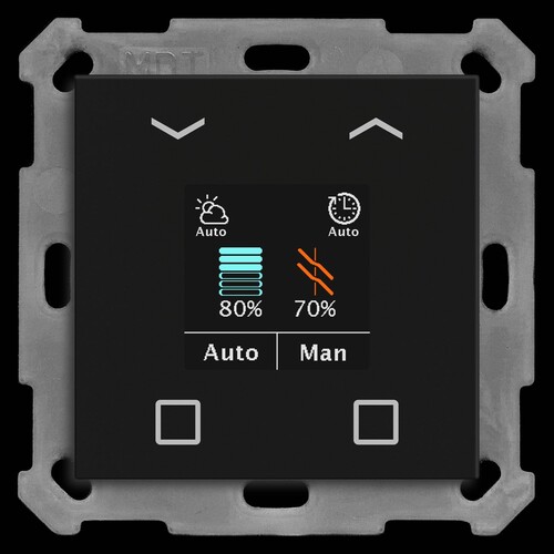 BE-JTA550406.01 MDT KNX Jalousietaster Smart 55 mit Farbdisplay, Schwarz matt Produktbild Front View L