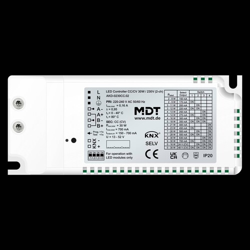 AKD-0230CC.02 MDT KNX LED Controller CC/CV 30 W / 230 V 2-Kanal Produktbild Front View L