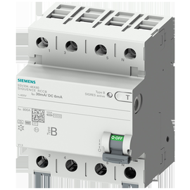 5SV33444KK60 Siemens FI-Schutzschalter, 4-polig, Typ B, In: 40 A, 30 mA, 6mA DC Produktbild