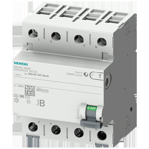 5SV33444KK60 Siemens FI-Schutzschalter, 4-polig, Typ B, In: 40 A, 30 mA, 6mA DC Produktbild
