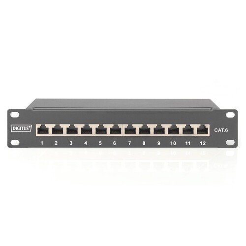 DN91612S CAT.6 Patchpanel, 12xRJ45 STP 10Zoll 1HE RAL 9005 schwarz Produktbild Additional View 1 L