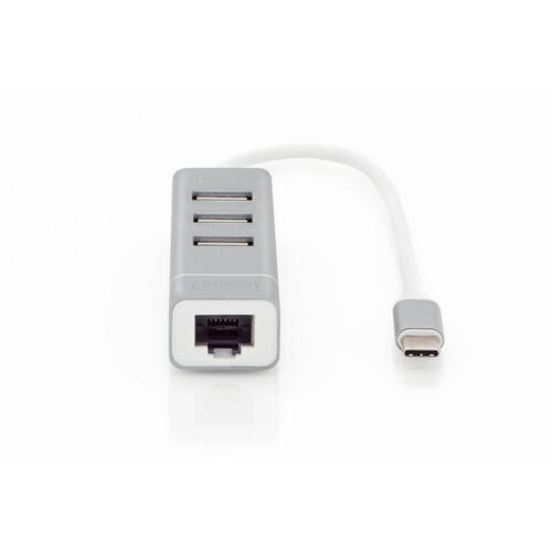 DA-70253 Digitus USB Hub  3x USB 2.0 Lan Typ C 3xUSB2.0, 1xRJ45, 10-1000Mbps Produktbild Additional View 1 L