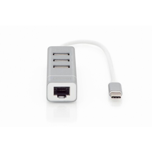 DA-70253 Digitus USB Hub  3x USB 2.0 Lan Typ C 3xUSB2.0, 1xRJ45, 10-1000Mbps Produktbild Additional View 1 L