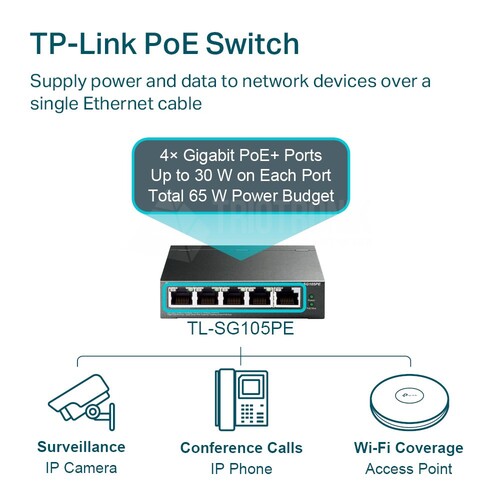 TL-SG105PE TP-Link 5 Port Gigabit Easy Smart Switch with 4 Port PoE+ Produktbild Additional View 3 L