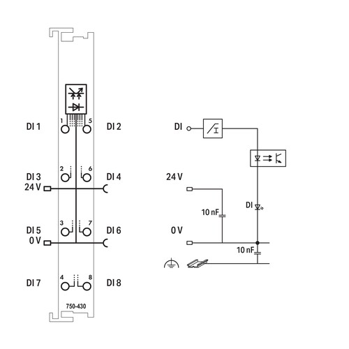 750-430 WAGO 8-Kanal Digital-Eingangs- klemme DC 24V 3,0ms 1-Leiter-Anschluss Produktbild Additional View 1 L