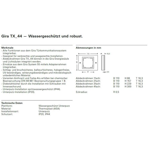 21166 GIRA RAHMEN 1-FACH FR UP TX44 REINWEISS Produktbild Additional View 1 L