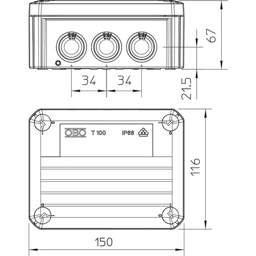 2007077 OBO FR KABELABZWEIGDOSE 151X117X67 10XM25 IP66 RAL7035 Produktbild Additional View 1 L