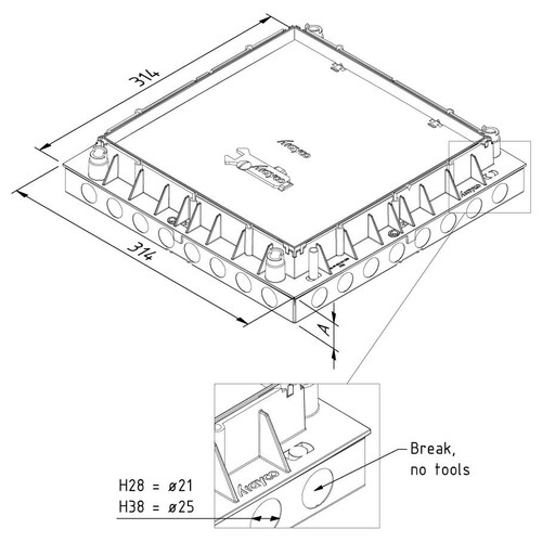 17244 Trayco FS-BOX38-SQ-260-300-PG Unterflurdose Breite 300x300mm Höhe 38mm Produktbild Additional View 1 L