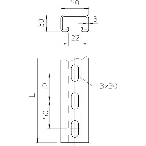 1121464 OBO CPS 5 L 2M FT Profilschiene 2000x50x30 gelocht, Schlitzweite 22mm Produktbild Additional View 1 L