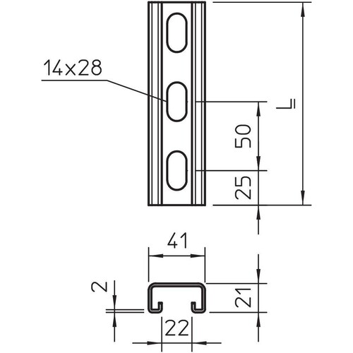 1122918 OBO MS 21 L 2M FS Profilschiene 2000x41x21 St gelocht, Schlitzweite 22mm Produktbild Additional View 1 L