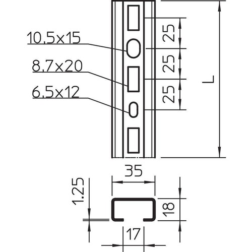 1104284 OBO 1268 L 300 FS Profilschiene 300x35x18 gelocht Schlitzweite 17mm Produktbild Additional View 1 L