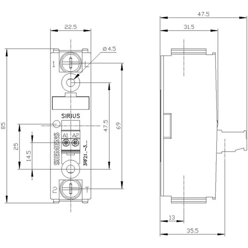 3RF2190-3AA04 Siemens Halbleiterrelais 1-Phasig 90A 48-460VAC/24VDC VE Produktbild Additional View 2 L