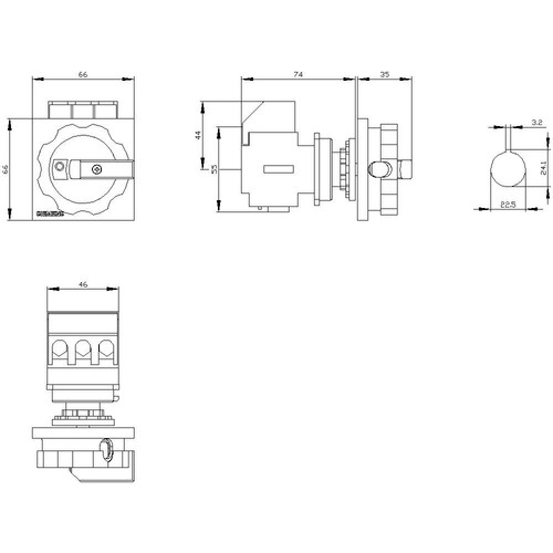 3LD2254-0TK53 Siemens Not-Aus Schalter 3-pol,11,5KW Frontbefestigung Produktbild Additional View 2 L