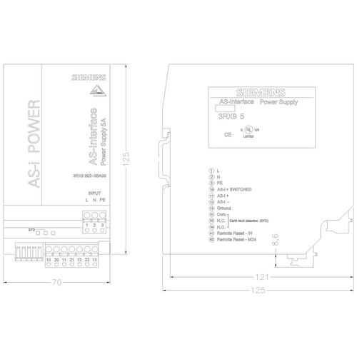 3RX9502-0BA00 SIEMENS AS-1 POWER 5A AC120V/230V IP20 AS-Interface Netzteil Produktbild Additional View 1 L