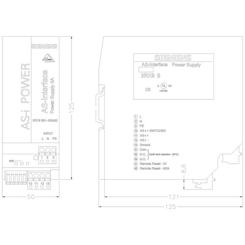 3RX9501-0BA00 SIEMENS AS-I Power 3A AC120V/230V IP20 AS-Interface Netzteil Produktbild Additional View 1 L